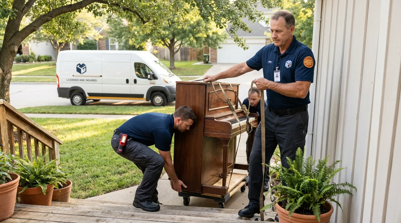 Licensed piano movers securing grand piano in Glen Rock, PA